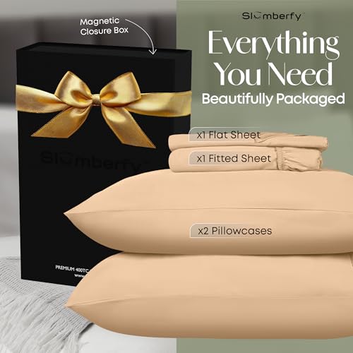 Image of Slumberfy 4-Piece 400 TC Viscose Derived from Bamboo Sheets, Full Size - 1 Fitted, 1 Flat, 2 Pillow Cases - Deep Pocket Cooling Viscose-Bamboo Bed Sheets in Magnetic Closure Gift Box, Sand