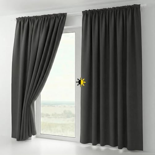 BEAUTEX 2er Set Kräuselband Verdunkelungsvorhang mit U-Band, Gardinen abdunkelnd und Blickdicht (B=140 cm, H=145 cm, Dunkelgrau)