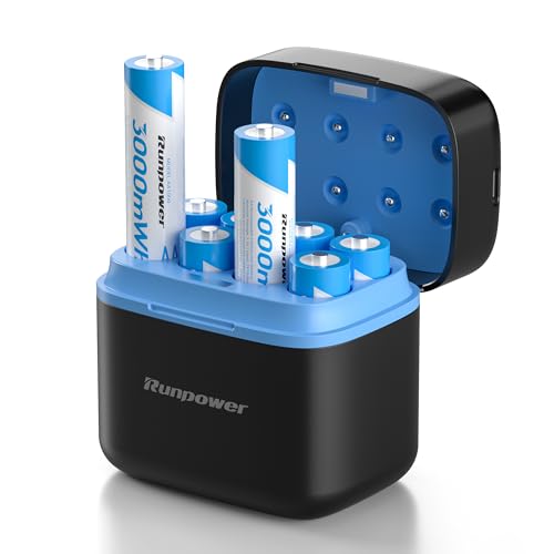 Runpower AA Battery Fast Charger, adapte to 1.5V Lithium Battery, Come with 8 Packs Rechargeable AA Li-ion Batteries, 1.5V 3000mWh, 2000+ Cycles (Charger + 8 Pack)