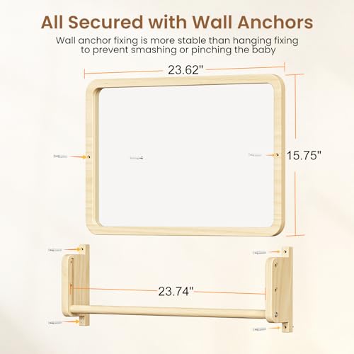 Woodtoe 3-in-1 Montessori Mirror with Bar, Adjustable Toddler Mirror & Pull Up Bar, Montessori Learning Toy for Baby 6-18 Months, Nursery Mirrors, Natural Wood Furniture for Daycare, Kids Classroom