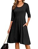 MAKABO 2025 Fall Black Midi Dress for Women, Casual A Line Round Neck Dresses for Women with Pockets for Party Office Graduation, M