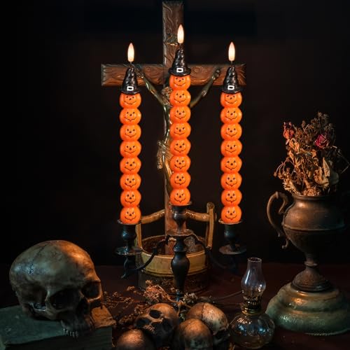 Image of Halloween Flameless Taper Candles with 6H Timer, 2 Pcs Hand-Painted Stacked Pumpkins LED Candlesticks with 3D Flickering Flame for Home Fall Indoor Halloween Decor(0.78 x 11.6 Inches)
