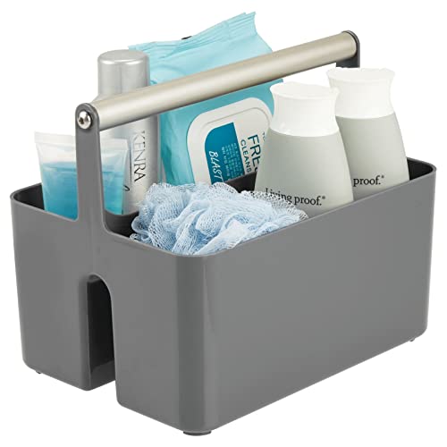 Mdesign Plastic Shower Caddy Storage Organizer Utility Tote, Divided Basket Bin - Metal Handle For Bathroom, Dorm, Kitchen, Holds Soap, Shampoo, Conditioner - Aura Collection - Dark Gray/Matte Satin #TOP5