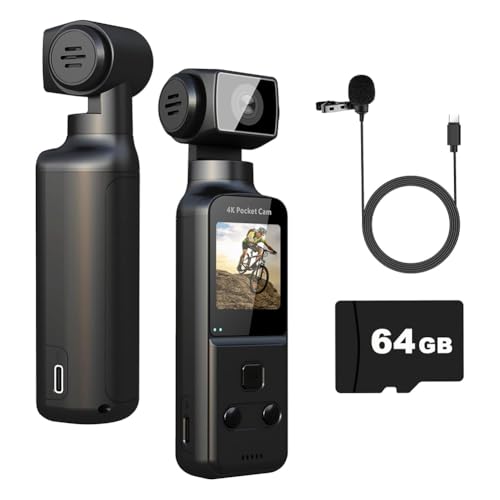 NONDK Cámara Corporal 4K con Micrófono Externo, Mini Cámara Digital de Bolsillo con WiFi para Deportes Al Aire Libre, Ciclismo, Viajes y Acción (64 GB)