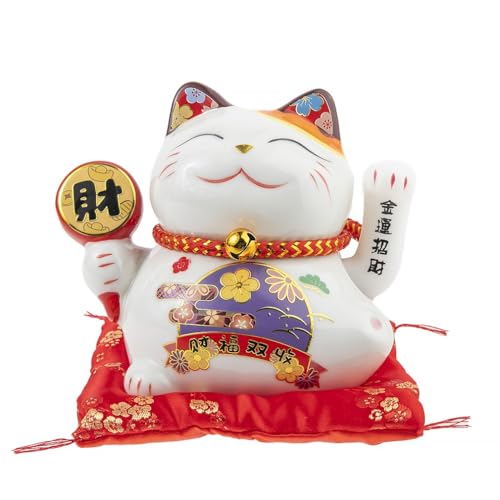 lachineuse - Statuette Chat Maneki Neko - Symbole Fortune et Chance - Bras Mobile - Porte Bonheur Traditionnel Japonais - 12x14x10 cm - Porcelaine, Blanc -...