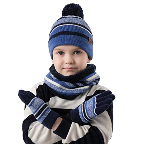 Image of Kids Toddlers Winter Hats Knit Warm Beanie Scarf Gloves Set for Boys Girls Age 2-7, Pompom Cap Neck Warmer Fleece Lined Gifts