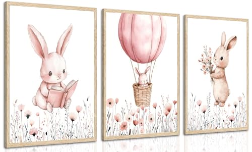 3Pcs Pink Nursery Bunny Wall art Hot Air Balloon Cute Rabbit Wildflowers Painting Pictures Wall Decor Easter Nursery Poster Print Artwork for Girls and Boys Kids Room Baby Room Decor Home Decoration