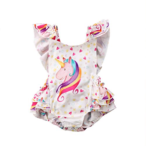Baby Girl Unicorn Romper, Rainbow Cartoon Unicorn Love Heart Pattern Ruffles Backless Onesies Princess Summer Outfits (Multicolored, 12-18M) #TOP9