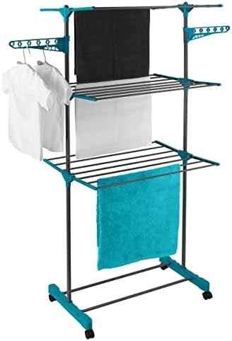 Beldray LA023773TQ Three Tier Deluxe Clothes Airer  Folding Indoor Laundry Rack with Four Wheels, 15 Metre Drying Space, Holds up to 15 KG, Turquoise, 139.5 x 57 x 166 cm