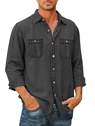 Men's Button Down Shirts Denim Long Sleeve Casual Loose Shirt Tops with Pockets
