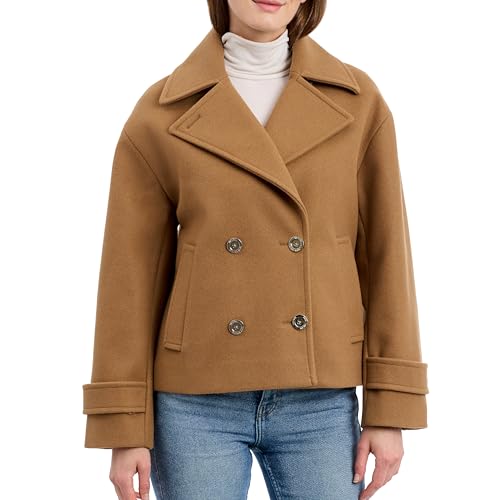 Image of Michael Kors Womens Double Button Short Peacoat with Faux Wool, Stylish Wool Coat for Women, Belted Wrap Design, Camel, Medium