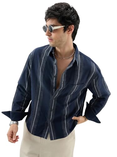 VASTRADO Navy Contrast Panel Boxy Fit Crop Shirt - Image 2