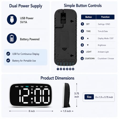 Image of AERYS Digital LED Wall Clock & Table Clock with1 Year Warranty Large Display, Dual Alarm, Day Display, Perimeter Night Light, Snooze, 12 /24H Format, USB Powered for Bedroom, Office & Living Room