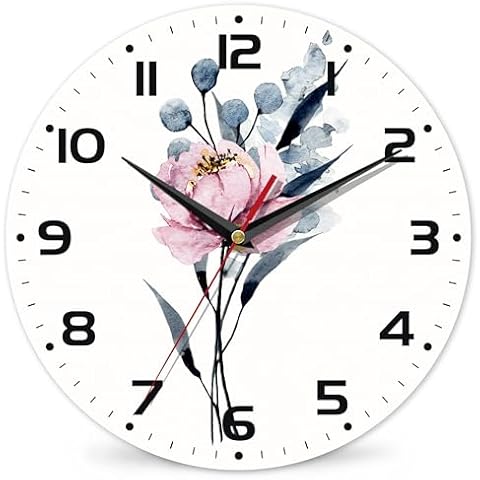DEMACYA Wall Clock, Watercolor Pink Flower Wall Clock Vintage Wooden Wall Clock Silent Non-Ticking Battery Operated Arabic Numerals Wall Clocks Decorative for Kitchen, Office, Classroom 10 Inch Cover