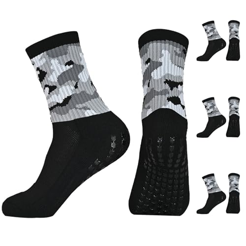 Hiking Camo Sports Socks Camouflage Athletic Non-Slip Socks with PVC Grip Elastic Cushioned Sock for Basketball, Running, Outdoor Activities (3-Pair, Black/Gray)