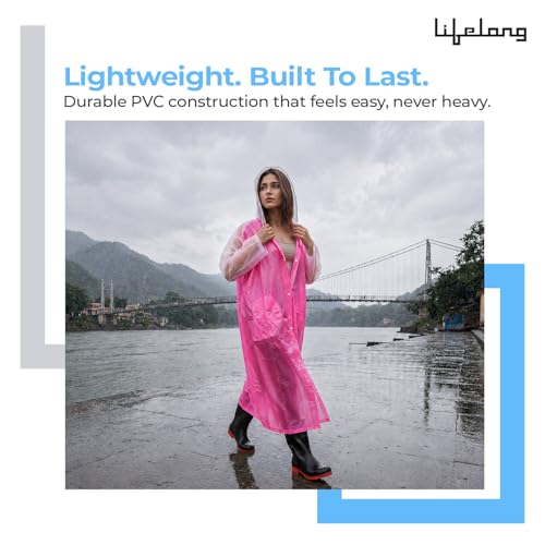 Image of Lifelong Raincoat Waterproof for Women| 100% Waterproof Rainwear for Women & Girls | One-Piece Hooded Raincoat| Snap Buttons & Pockets | Travel for Hiking, Trekking, Camping (L, Pink & White)
