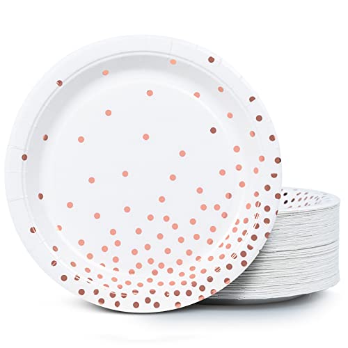 MATICAN Lot de 100 assiettes jetables en papier – Blanc et or rose avec pois en feuille métallisée, 22,9 cm