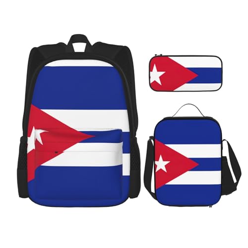 Cuban Flag Print 3 Piece Backpack Set, Laptop Daypack, Lightweight Bookbag Set With Lunch Bag Pencil Case