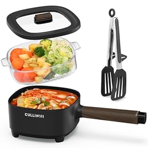 CULLINSSS 2L Electric Hot Pot with Steamer, Portable Electric Pot with Upgrade Honeycomb Nonstick Coating for Dorm, Office, Travel, Multi Cooker Pot with Power Control for Ramen, Soup, Oatmeal (Black)