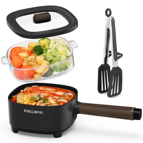 CULLINSSS 2L Electric Hot Pot with Steamer, Portable Electric Pot with Upgrade Honeycomb Nonstick Coating for Dorm, Office, Travel, Multi Cooker Pot with Power Control for Ramen, Soup, Oatmeal (Black)