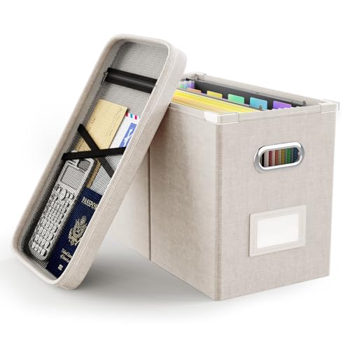 Oterri File Organizer Box with Lid, Hanging Filing File Box with Mesh Pocket, Document Organizer Box for Letter Files, Portable Storage Box with Smooth Sliding Rail for Office&Home (1 PCS, Beige)