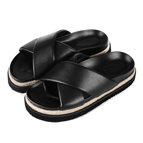 Platform Sandals for Women 2025 Raffia Espadrilles Slides Slip On Open Toe Summer Sandals with Criss Cross Decor