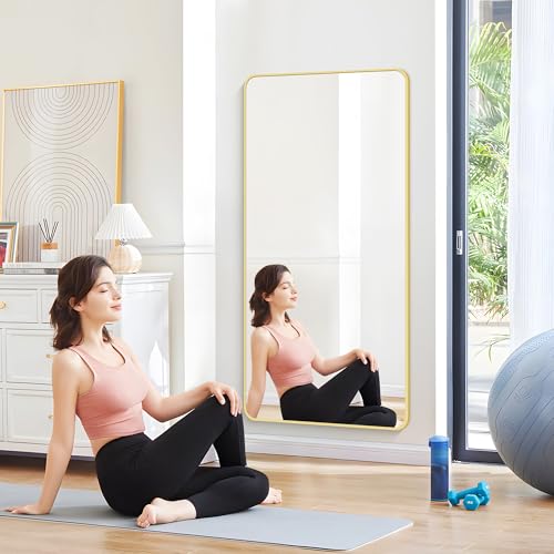 Image of 30 inchx60 inch Gold Bathroom Mirror, Large Rectangle Wall Mounted Mirror with Rounded Corner, Aluminum Metal Frame Vanity Mirror for Bathroom Bedroom Living Room