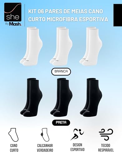 Kit 06 Pares Meia Cano Curto Esportiva Microfibra Feminina She by Mash | 3 Brancas - 3 Pretas | 34-3