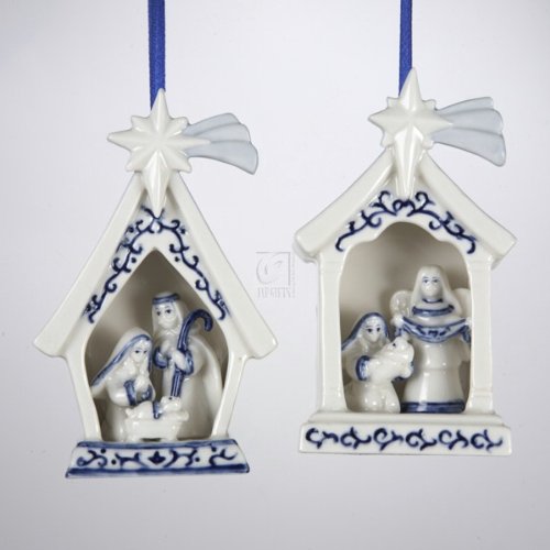 Kurt Adler Blue and White Holy Family Porcelain Holiday Ornaments Set of 2