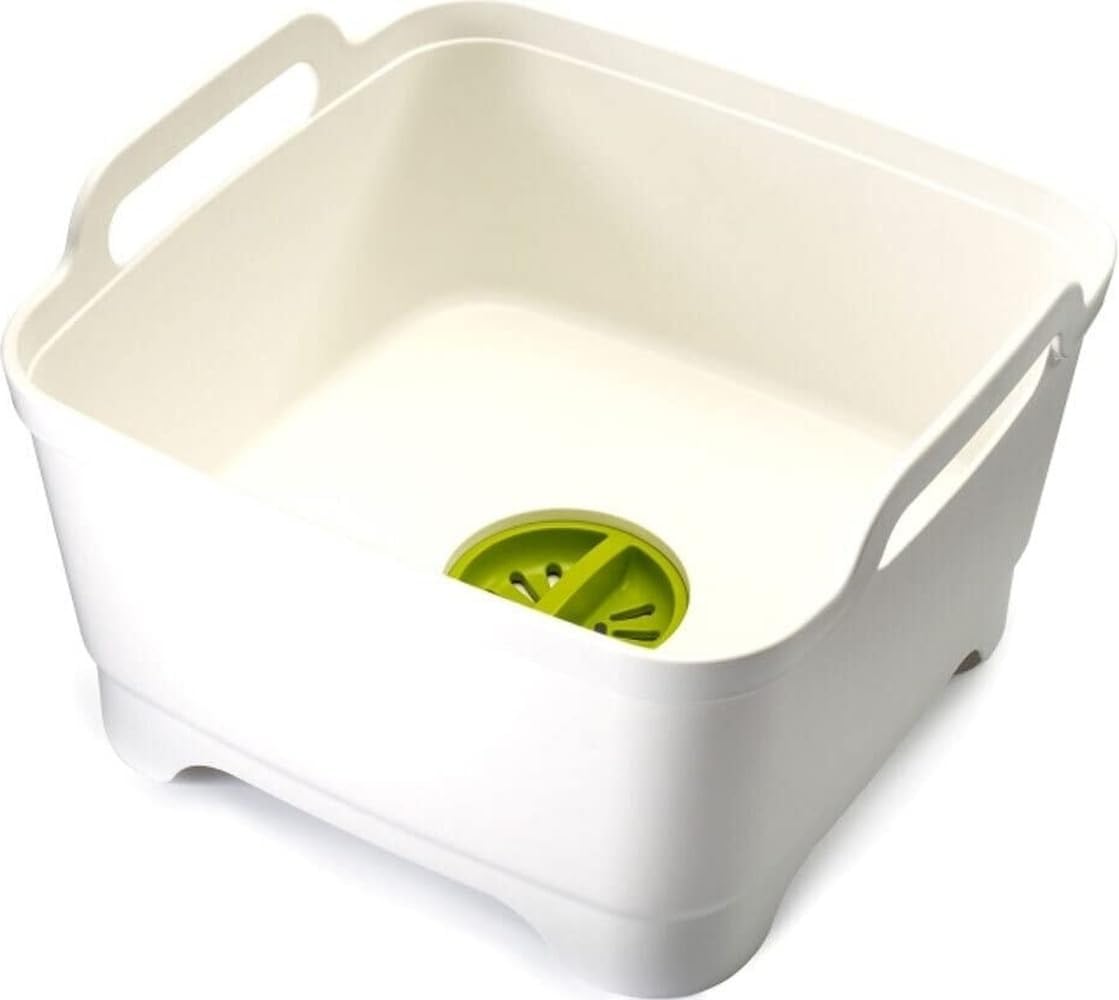 Wash & Drain Kitchen Dish Tub Wash Basin with Handles and Draining Plug, 9 liters/2.3 Gallons, White/Green