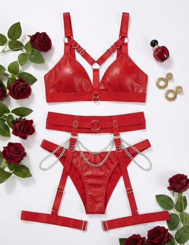 Image of Alrovetoney Sexy Lingerie Set For Women With Garter Belt 5 Pieces Strappy Bra and Panty Set Adjustable With Chain