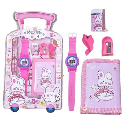 FELVA Summer Stationary Kit for Kids, Pencils, Small Purse with Wrist Watch, Sharpener for Kids, Erasers for Kids, Return Gifts for Boys