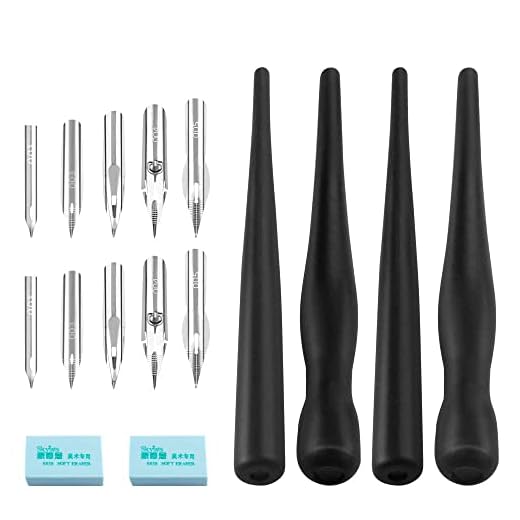 Huayue 2 Juego de Bolígrafos de Cómic, Pluma de Caligrafía, 4pcs Soportes para Bolígrafos con 10pcs Plumillas y 2pcs Borrador de Dibujo (negro)