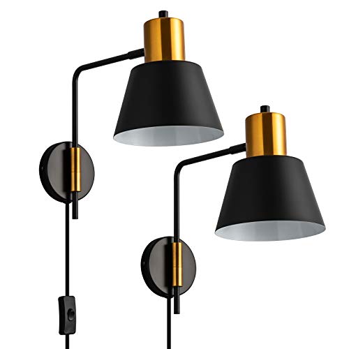 Image of Modern Swing Arm Wall Sconce Plug in Set of 2, Rotatable Black Wall Lights with On /Off Cord for Bedroom, Living Room