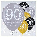 🎈 AUFDRUCK: die 6x happy birthday 90 Ballons sind vollflächig farbig bedruckt. In strahlendem Weiß mit großer Zahl 90, happy birthday mit Sternen und kleinen Punkten versehen.