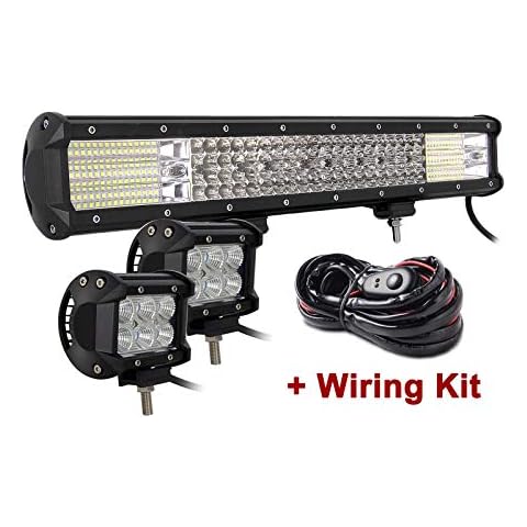 SKYWORLD Quad Row 20 inch 510W LED Light Bar IP67 Waterproof Off Road Led Bar Flood Spot Combo Beam for Truck ATV 4x4 + 2 x 18W 4 inch Flood LED Pods Work Light With Wiring Harness Kit Cover