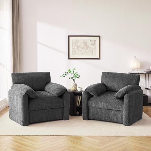 Howjoe Chenille Oversized Armchair, 38.6'" Wide Accent Chairs for Living Room & Bedroom Modern Lounge Chair, Upholstered Mid-Century Reading Chair,Comfy Living Room Chair(Darkgray, 2 Pack)