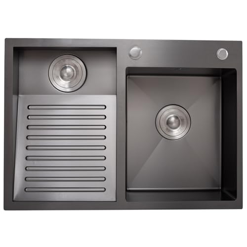 DSMRLEOP Lavabo – Fregadero negro de alta calidad con tabla de lavado integrada, diseño de doble lavabo de acero inoxidable SUS 304 para una fácil limpieza, kit completo de drenaje, ideal para cocina,
