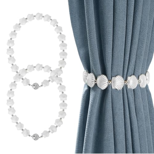 Image of HASTHIP 2Pcs White Seashell Chain Curtain Tiebacks for Heavy Drapery, Magnetic Curtain Holdbacks, Decorative Coastal Curtain Tie Back for Living Room & Bedroom, 40cm