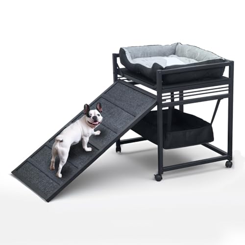 NAILDOKI Movable Structure Pet Stairs Ramp with seat Mate Cats/Dogs Chair with ramp high beds Folding Pet Steps for Large Medium and Small Dogs Cat Ladder with Storage Cabinet