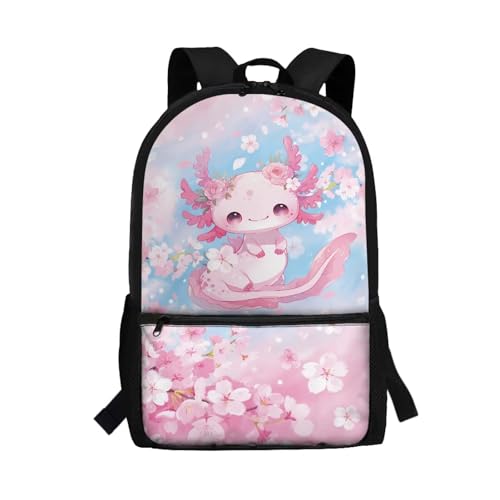 Luarisgur Kids Backpack for Girls Age 6-8, 17" Axolotl School Backpacks Gifts for Camping Hiking, Cute Cherry Blossom Bookbag for Kindergarten Preschool Elementary