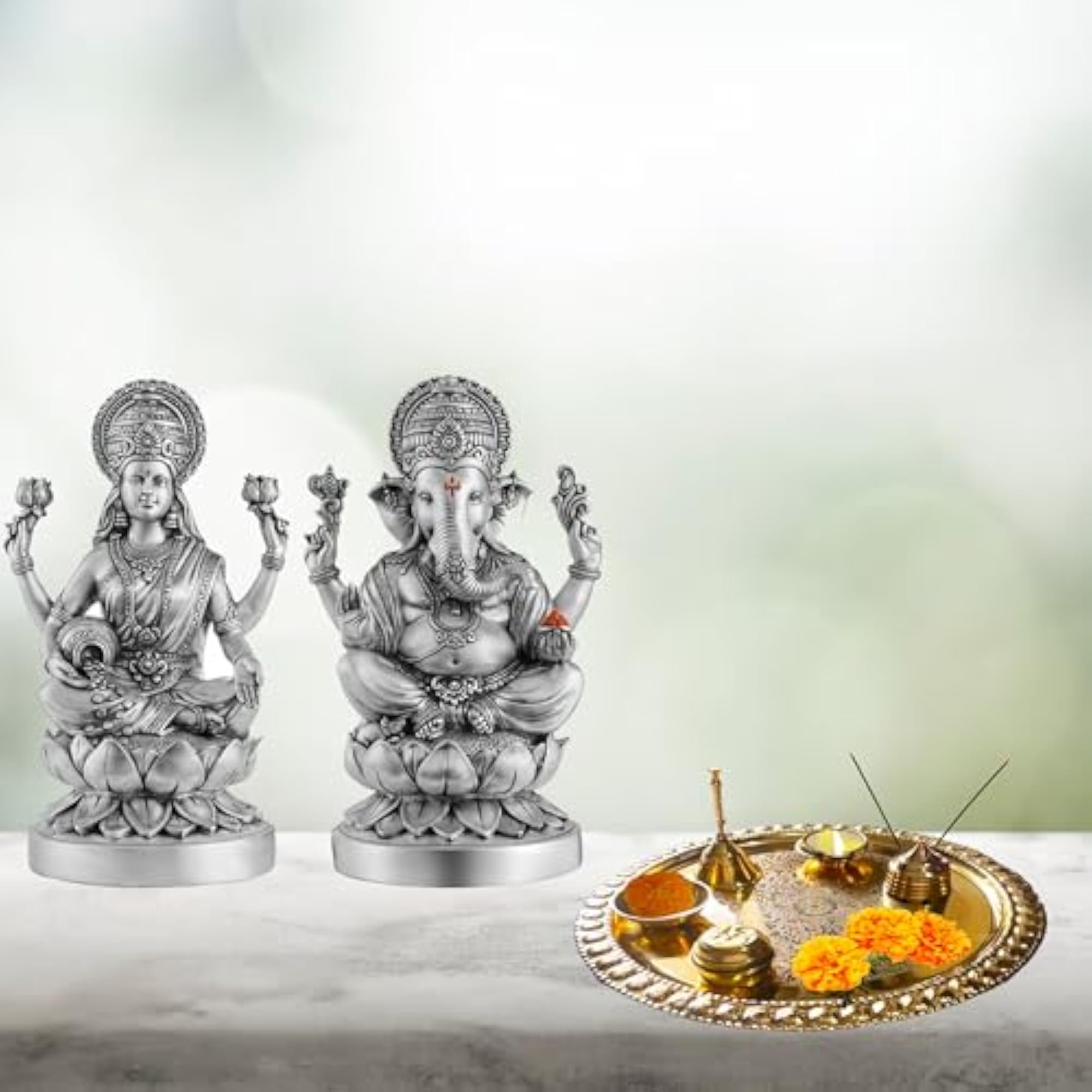 Pure Glossy Designer Brass Puja/Pooja Thali Set with Ganti/Bell