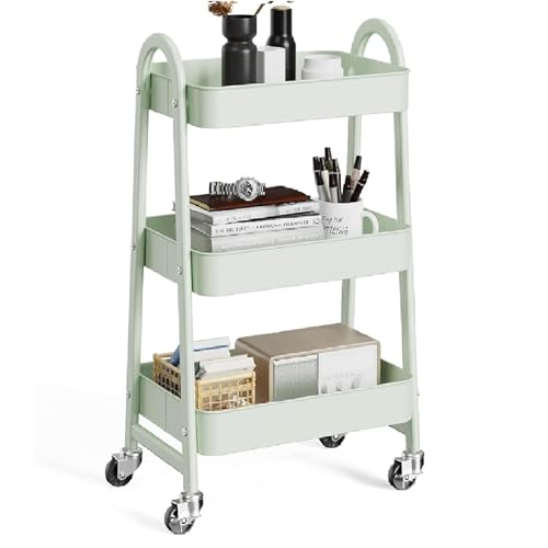 Image of OLIXIS Metal 3 Tiers Utility Rolling Cart with Lockable Caster Wheels, Mobile Storage Shelf, Organization for Livingroom, Bathroom & Narrow Places, Pale Green