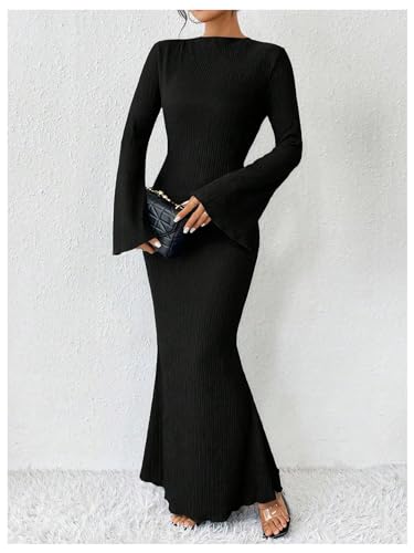 Image of GORGLITTER Women's Bell Long Sleeve Cocktail Maxi Dress Crew Neck Bodycon Fishtail Casual Long Dresses