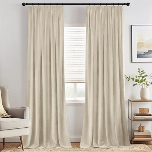 MIULEE Beige Velvet Pencil Pleat Darkening Curtains for Bedroom 2 Panel Set, Super Soft Luxury Home Decor Living Room, Thick Room Darkening Curtains 90 Drop, Each 90 x 90 Inche