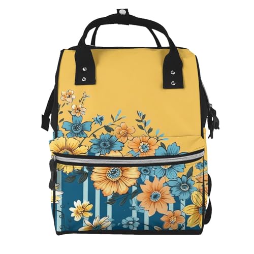 Sac à dos à langer floral jaune et bleu à grande capacité pour femme