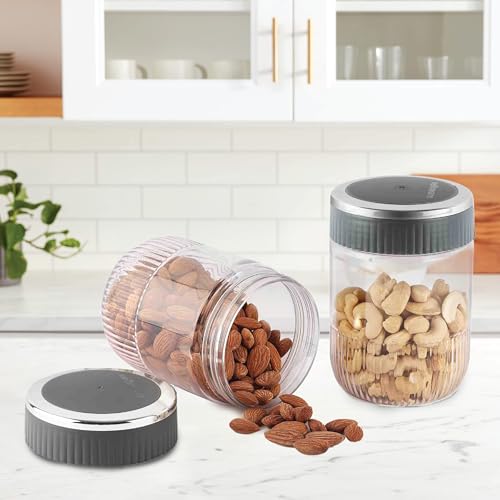 Image of CELLO Mint Storage Canister For Kitchen Set of 2, (750 ml x 2), Grey | Food Grade, Stackable, See Through | Nestable Storage Pet Container with Lid for Food, Pulses, Spice, Cereals, Cookies, Dry Food
