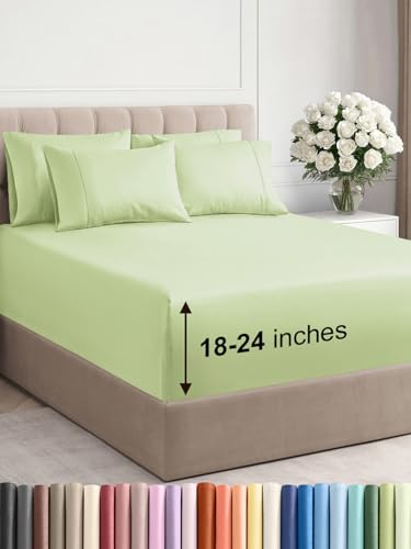 Extra Deep Queen Sheet Set - 6 Piece Breathable & Cooling Sheets - Hotel Luxury Bed Sheets Set - Easy & Secure Fit - Soft, Wrinkle Free & Comfy Sheets Set - Light Sage Sheet Set w/Extra Deep Pockets