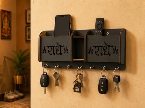 Image of Radhe Radhe Key Holder with 7 Hooks & 3 Compartments | Laser Cut Wall Mounted Mail Organizer, Key Stand & Mobile Holder for Home, Office, Entryway Decor (Matte Black, 22x9x4 cm) (Radhe Radhe)
