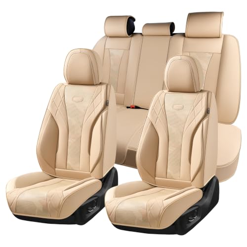 Image of Coverado Car Seat Covers, Auto Seat Covers 5 Seats, Beige Automotive Seat Covers Full Set, Luxury Car Seat Cushion Protector Universal Fit for Most Cars SUV Trucks